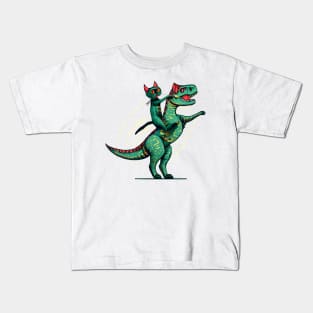 Funny Cat Riding Dinosaur T rex Kids T-Shirt